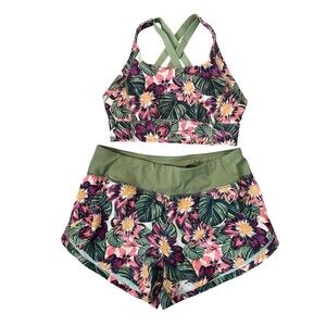 MTA Sports Two Piece Green Floral Matching Athletic Wear Set Sports bra M